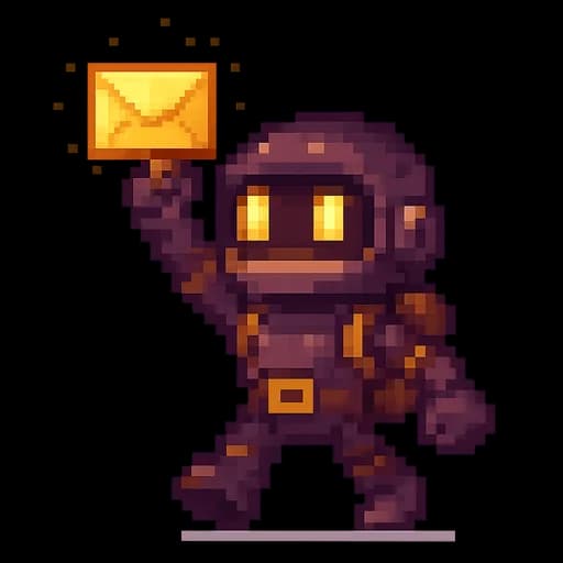 Robozinho aventureiro segurando um envelope dourado